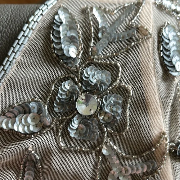 Formal Adrianna Papell, sequined taupe and silver floral, full length dress - Picture 5 of 7